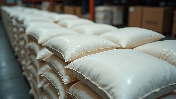 High angle view of sugar bags stacked in a warehouse ready for shipment