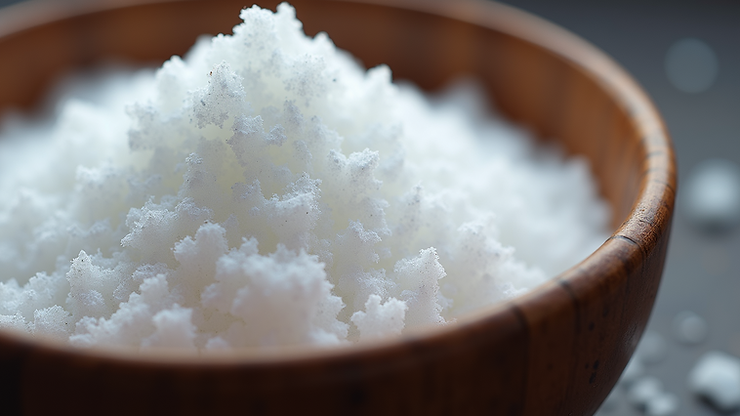 Close-up view of sugar crystals in a bowl