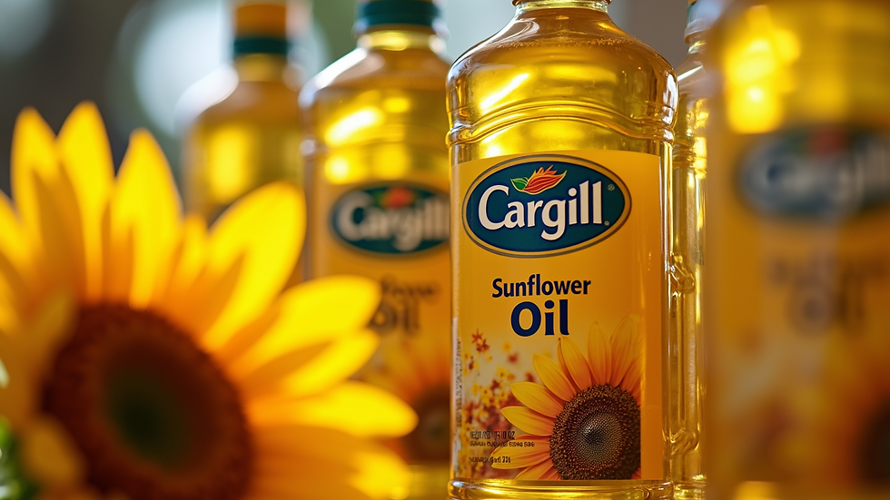 Close-up view of sunflower oil packaging from Cargill