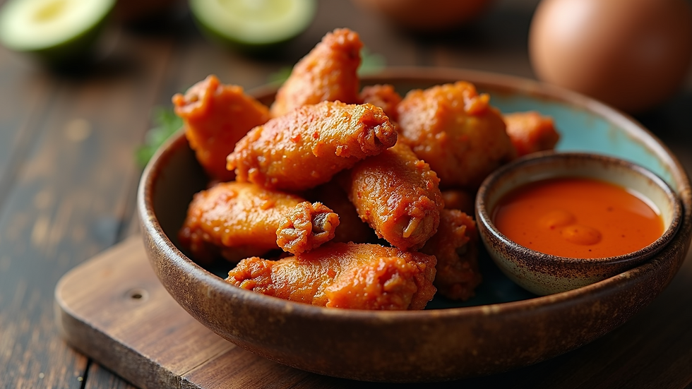 High angle view of a bowl of spicy halal chicken wings with dipping sauce