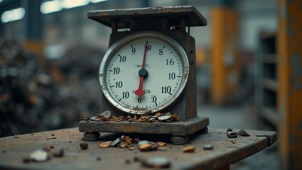 Close-up view of a scale weighing scrap metal at a recycling center