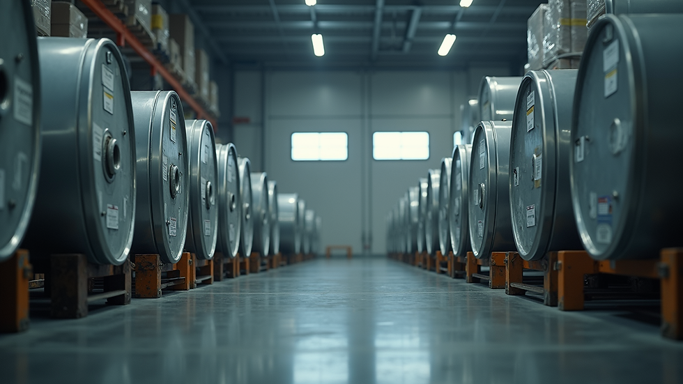 Eye-level view of industrial mercury storage containers in a warehouse