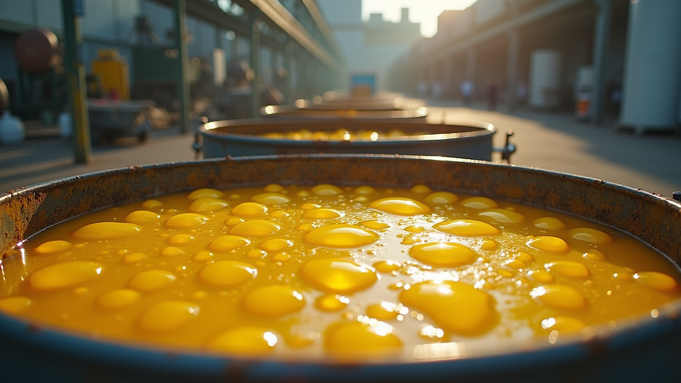 Eye-level view of large industrial containers filled with refined sunflower oil