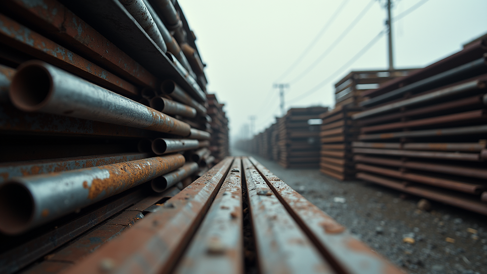 Eye-level view of a local scrap metal yard with stacked metal pieces