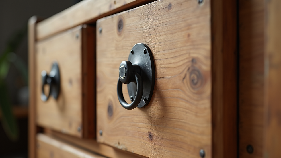 Close-up view of reclaimed wood cabinet with natural grain and metal handles