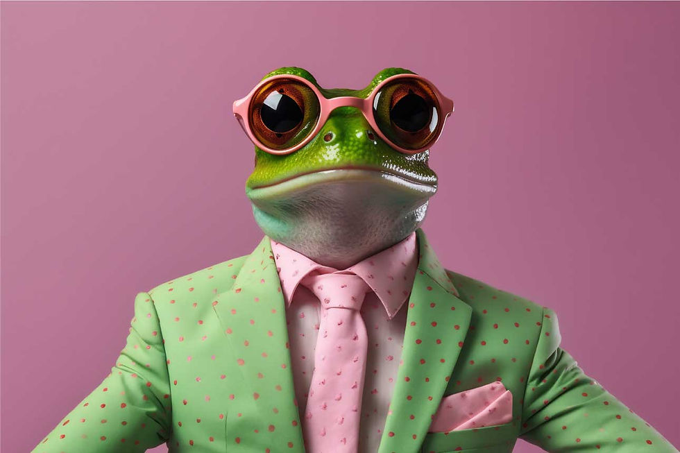 Een elegante kikker, gekleed in een mintgroen pak met roze stippen, roze stropdas en bijpassende zonnebril, straalt een unieke en speelse flair uit. De gedurfde modekeuze en zelfverzekerde houding maken deze afbeelding perfect voor een marketingconsultancy-campagne die creativiteit en buitengewone branding benadrukt. De kikker belichaamt het speelse en originele karakter van de campagnes van East District.