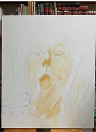Fase 1 van acrylschilderij, 100x120 cm. Voorstudie met basislijnen en lichte kleurtonen voor expressief portret.