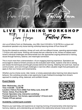 JULY 29: JOIN US FOR A LIVE TRAINING WORKSHOP WITH PURE HORSE MT