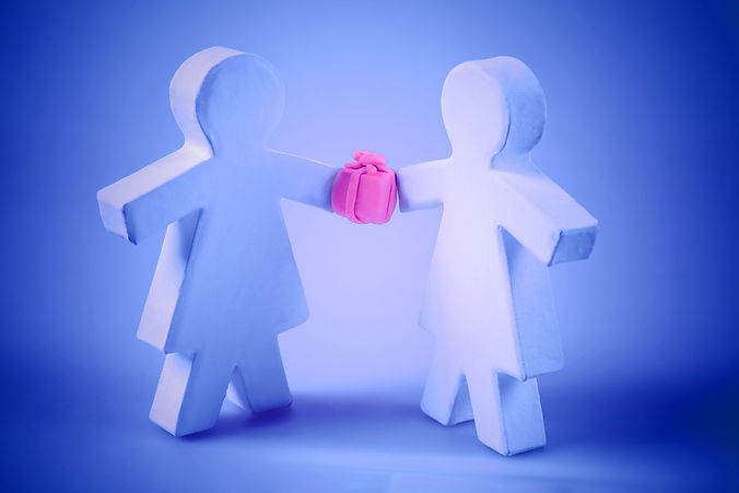 Couple of human characters giving a gift