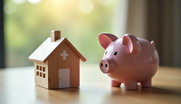 High angle view of a piggy bank and house model on a wooden table