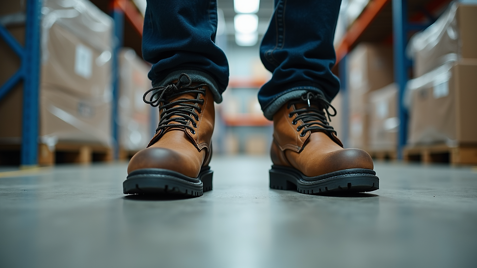 Eye-level view of durable work boots on a concrete floor