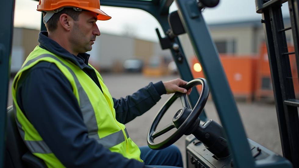 Close-up view of a certified forklift operator checking controls before starting work