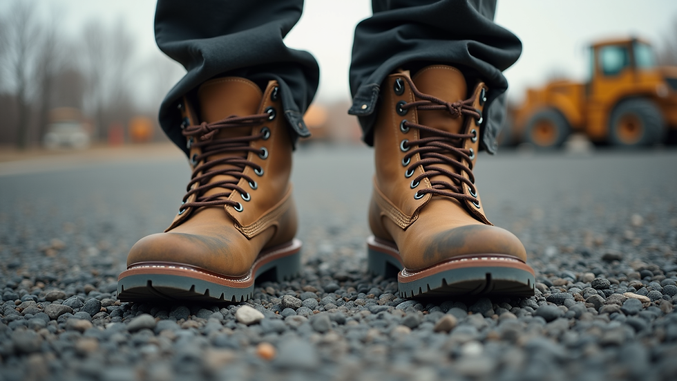 Close-up of heavy-duty work boots on gravel