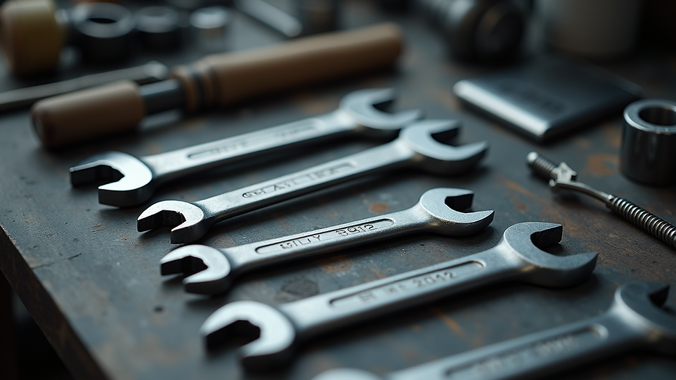 Close-up view of a wrench set laid out on a workbench