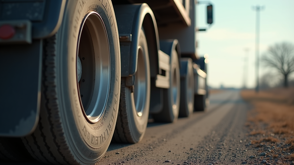 Close-up view of a heavy-duty truck tire on a gravel road