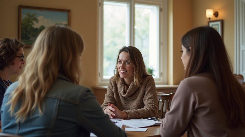 Eye-level view of a community center with women gathered in discussion