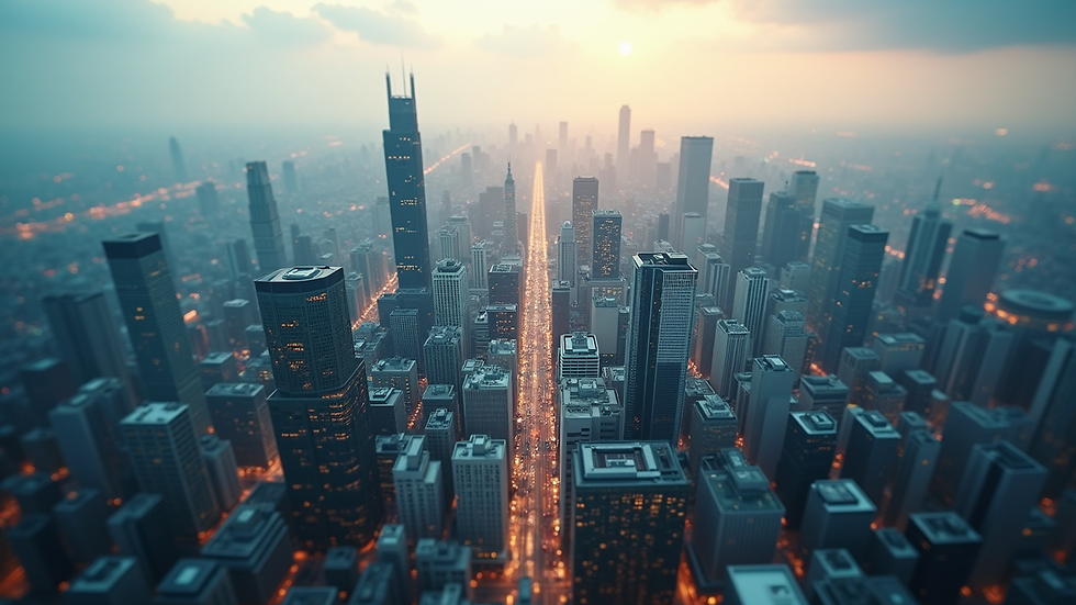 High angle view of a cityscape showing financial growth