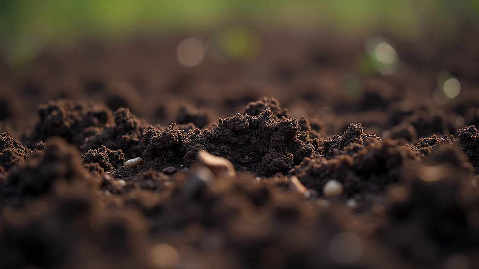 Close-up view of rich, dark soil with organic matter