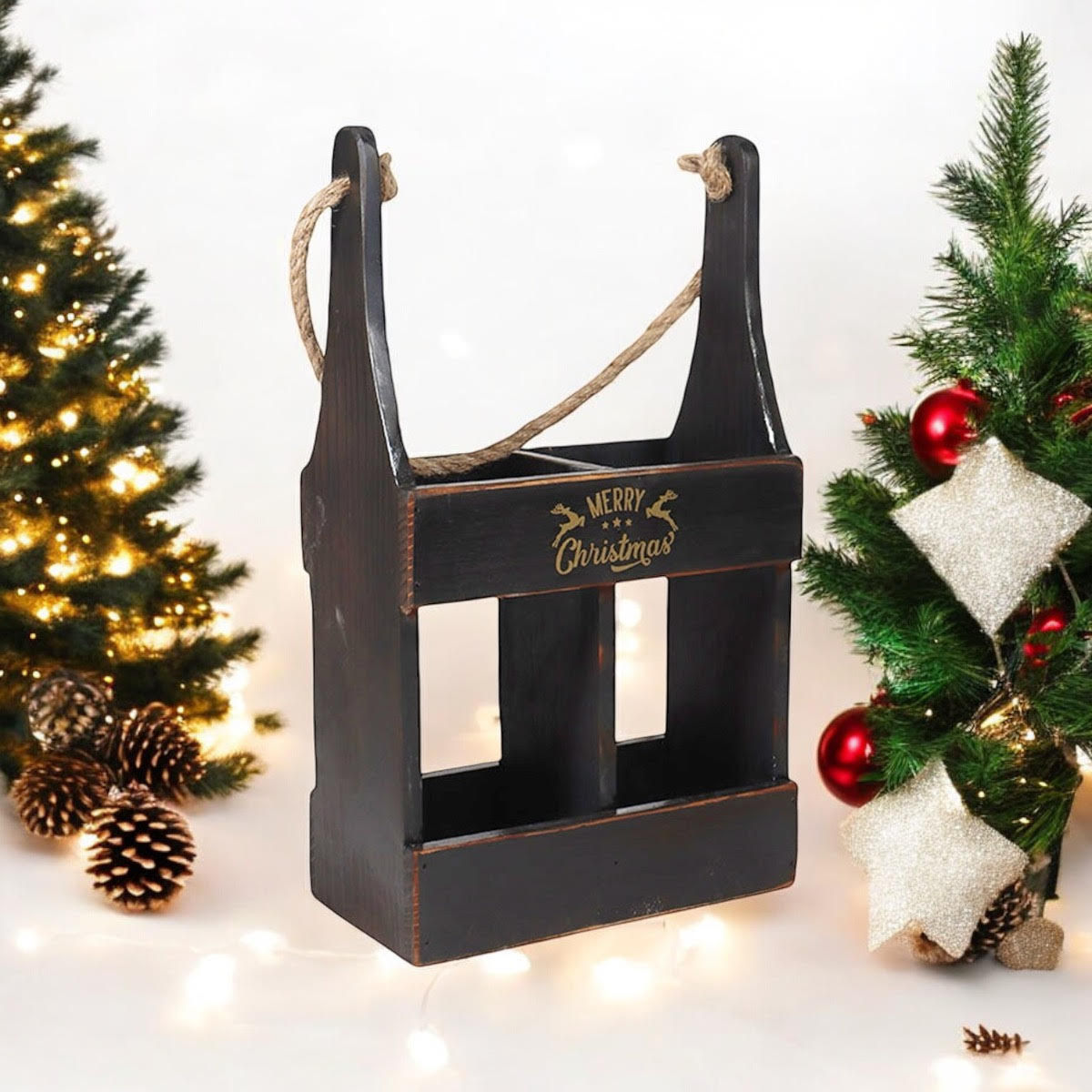 39CM WOODEN BLACK 2 BOTTLE WINE HOLDER