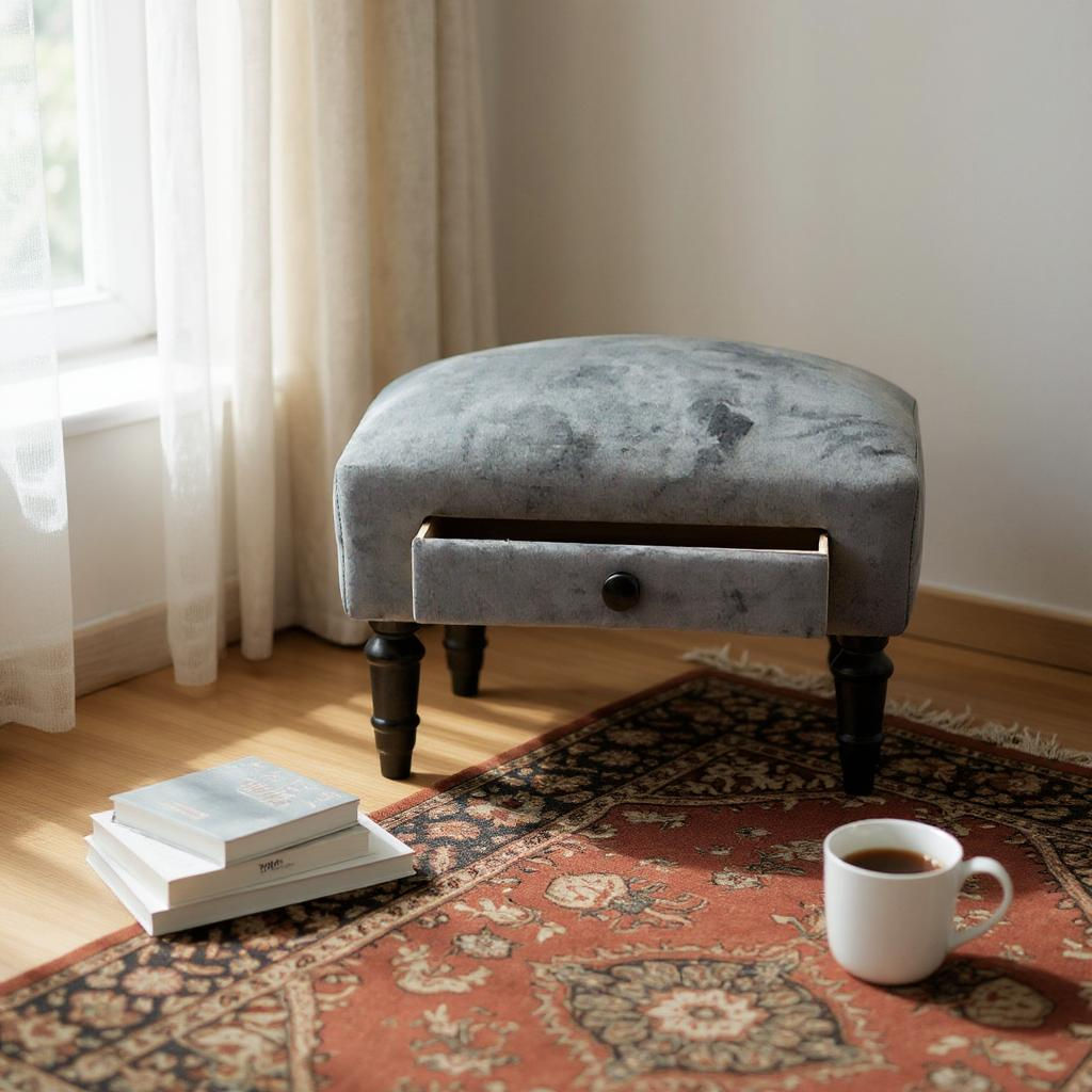 GREY VELVET FOOTSTOOL WITH DRAWER