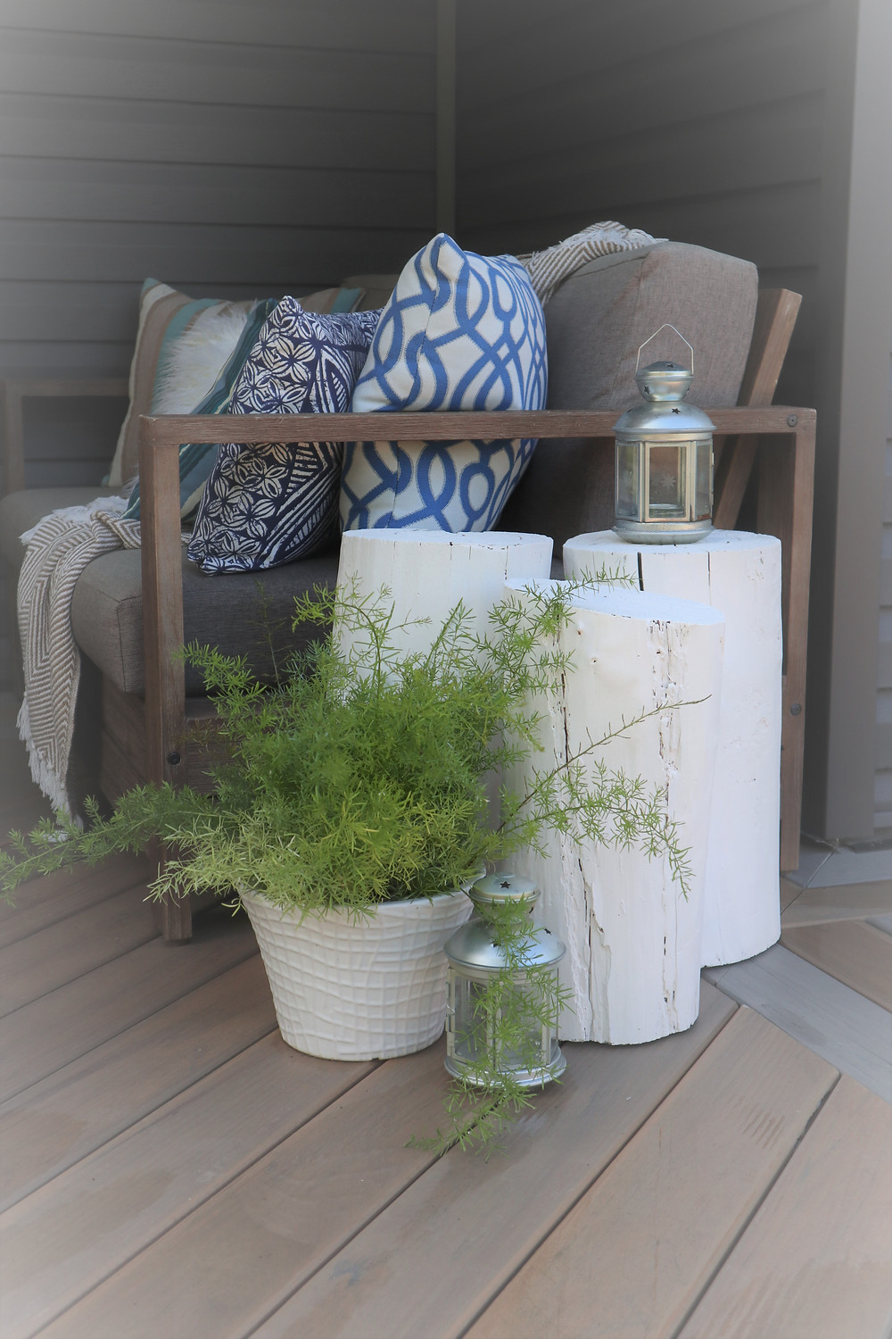 white painted stumps as side tables, hygge decor
