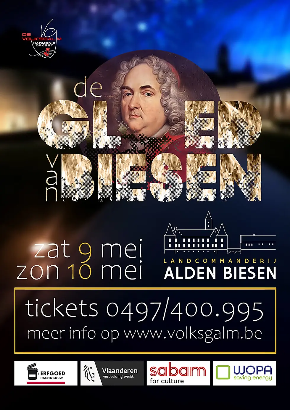 Landcommandeur Damian Hugo von Schönborn voor Alden Biesen tijdens het evenement In de Gloed van Biesen met muzikanten en acteurs in historische setting