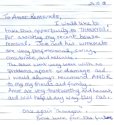 Another happy customer response from Amor Removals Banbury Oxfordshire, Amor Removals is a Banbury removals company who cares about the customer’s needs and circumstances, Amor Removals enjoy making your house move a happy experience, Oxfordshire removals