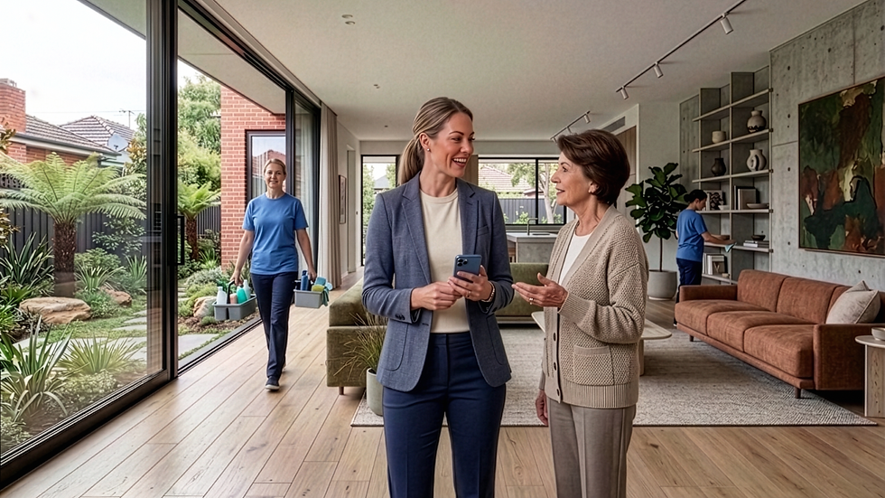 Concierge with client and cleaners in modern house