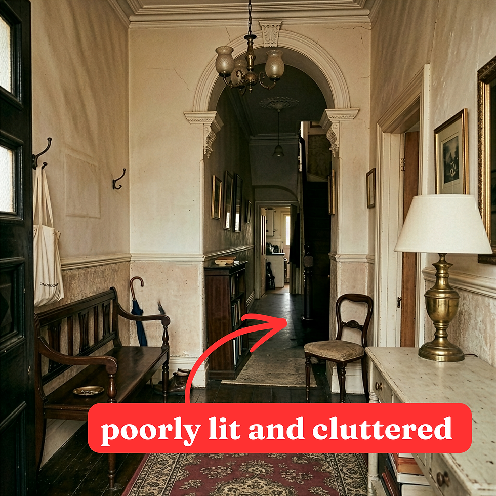 Poorly lit and cluttered hallway may be a fall hazard for elderly