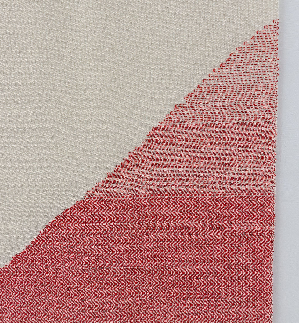 Handwoven wall panel in cream cotton, with extra weft-patterning in red cotton. The patterning slant