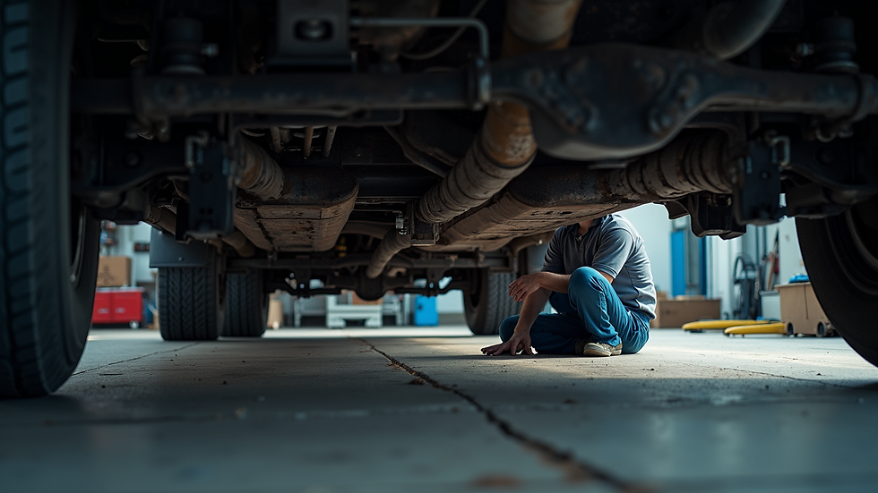 High angle view of a mechanic working under a truck