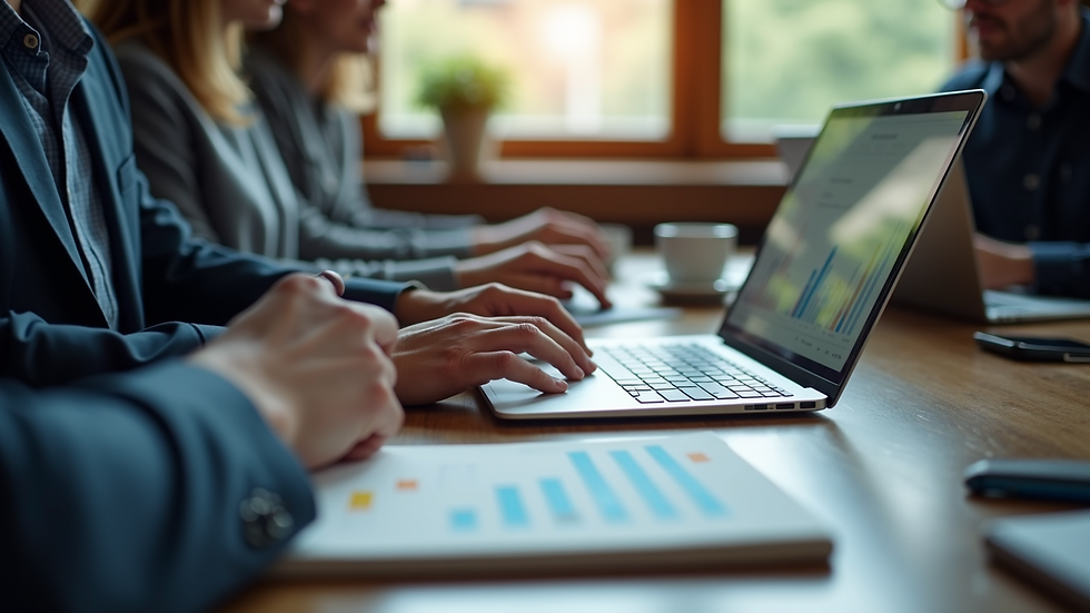 High angle view of a business meeting discussing AI marketing strategies on a laptop