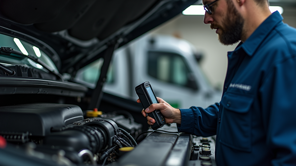 Close-up view of a technician using diagnostic equipment on a truck engine