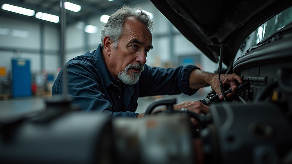Eye-level view of a truck mechanic inspecting a truck engine