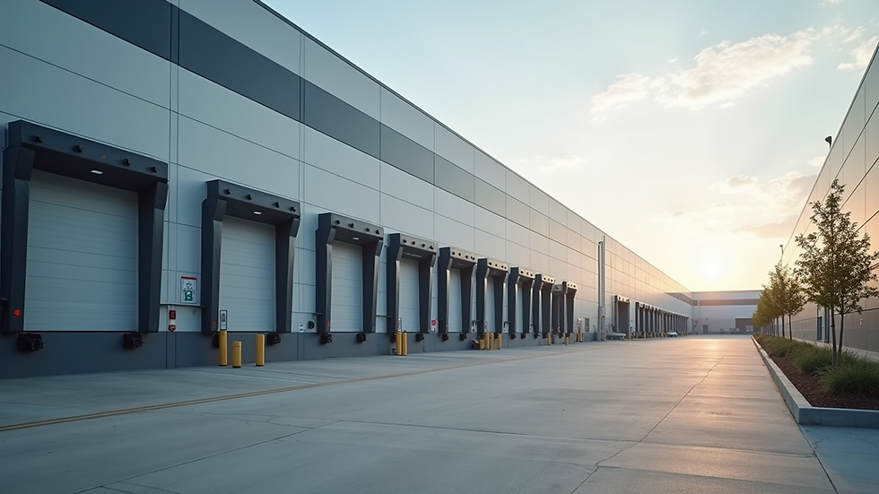 Eye-level view of a modern warehouse exterior with loading docks