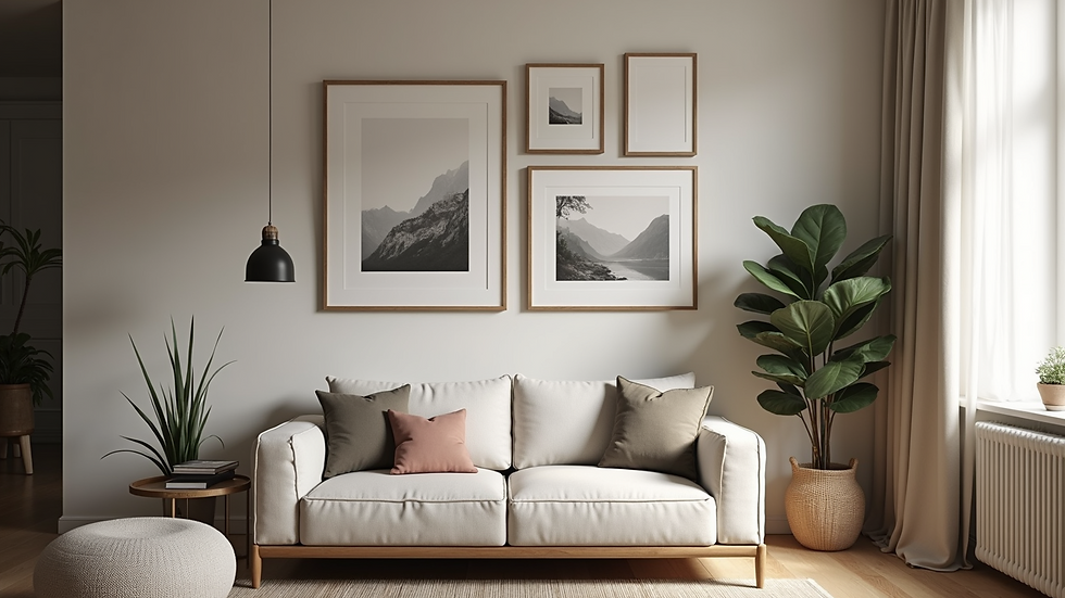 Eye-level view of a cozy living room with a gallery wall of framed photos and artwork