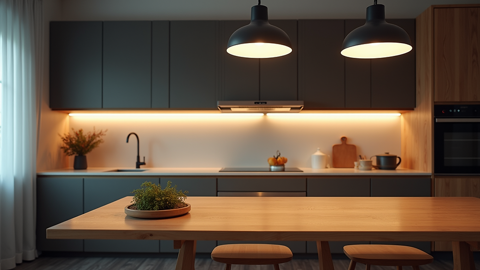 High angle view of kitchen with under-cabinet and pendant lighting