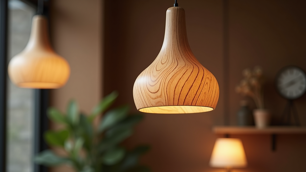 Close-up of a sculptural pendant lamp made of natural wood