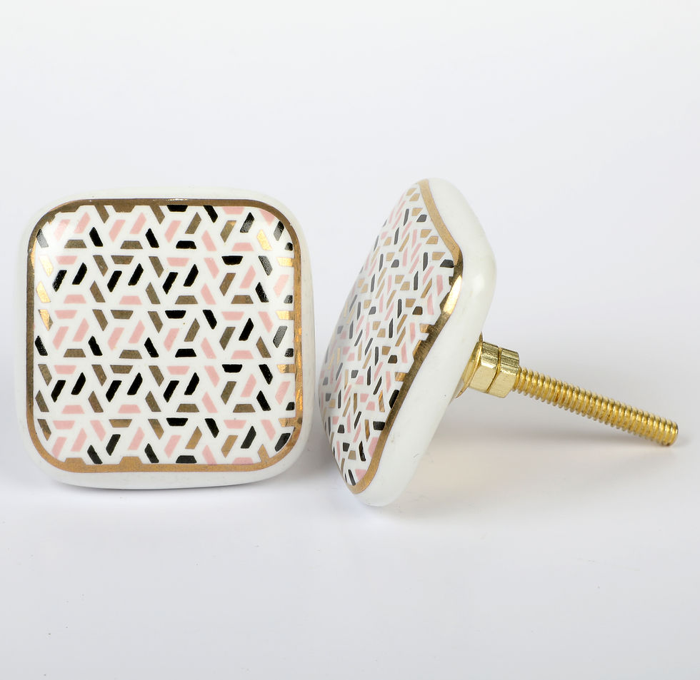 Square Ceramic Knobs with Pink, Black & Gold Geometric Pattern