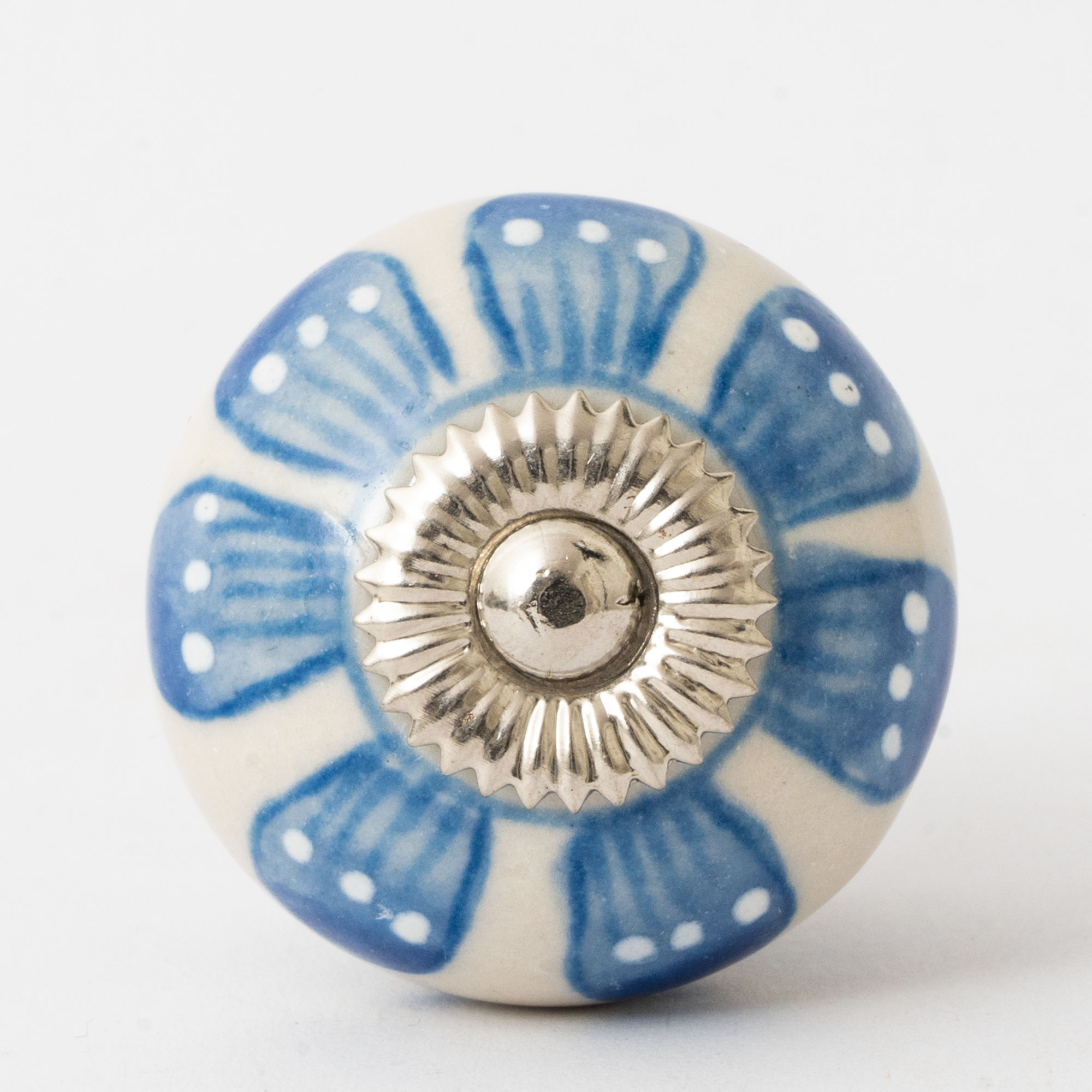 Blue Floral Ceramic Drawer Knob with Silver Accent
