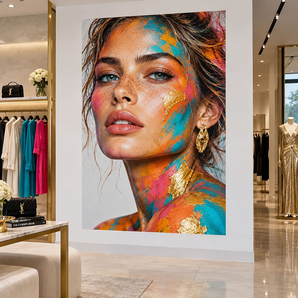 Luxury fashion boutique with a large ultra-sharp artistic portrait printed directly on a m