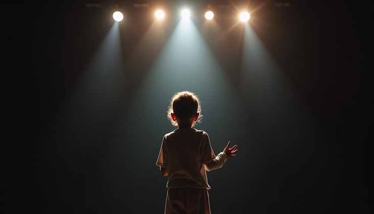 眼平視角拍攝的舞台上獨唱孩子，燈光聚焦在他身上