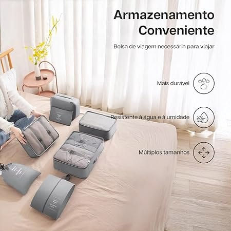 Organizador Viagem Kit 7 Peças - Necessaire para Bagagem Malas Roupas Bolsa Cosméticos Higiene - Dobrável Impermeável Multiuso Feminina Masculina Unissex Grande Compacto Prático (BEGE)