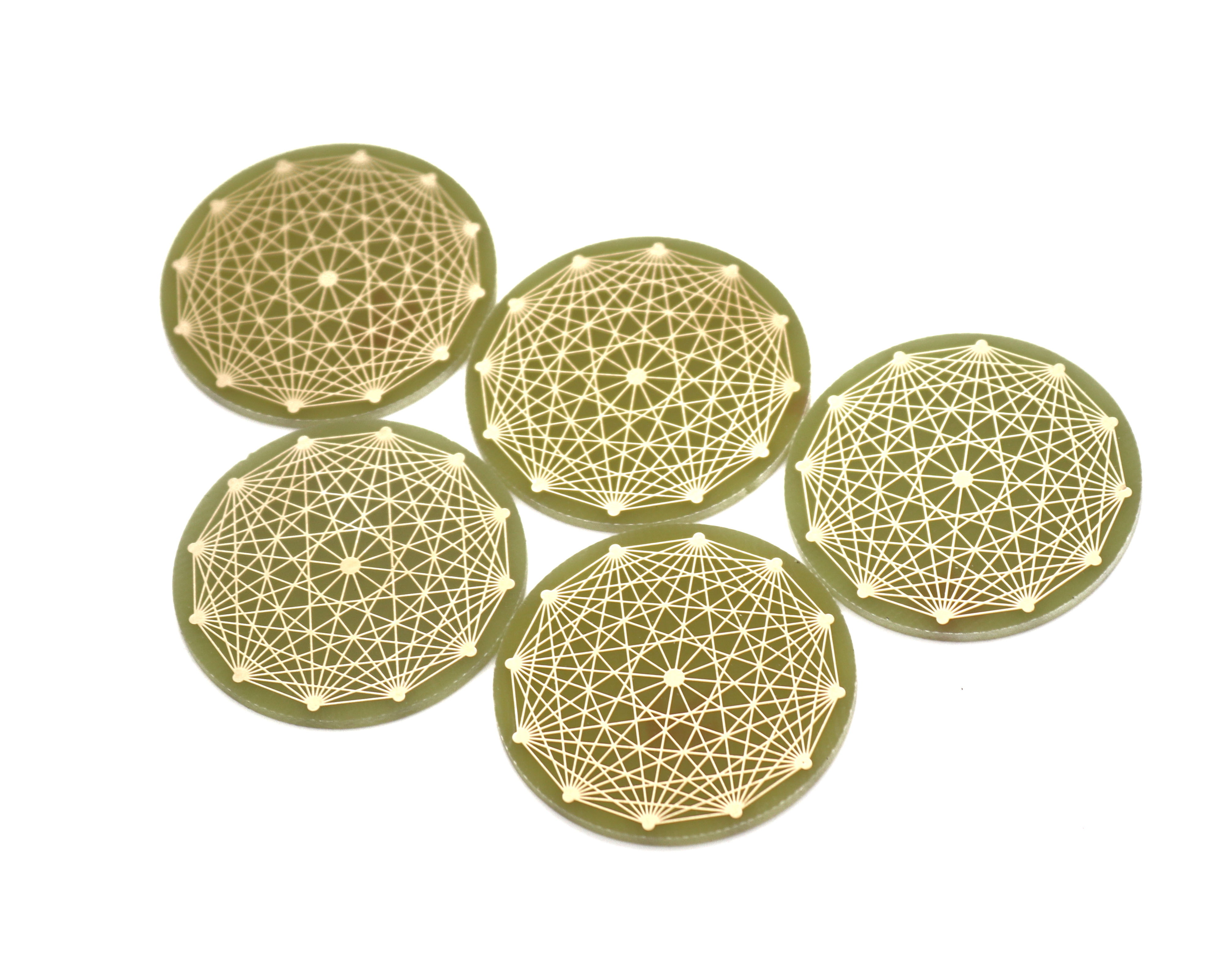 Lot de 5 disques radioniques de géométrie sacrée Tesseract