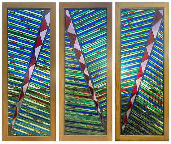 Incredible stained glass window panes inspired by the colours of NZ native nikau trees; by NZ artist Dean Buchanan.