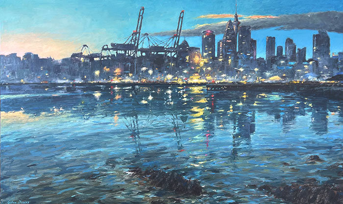 New in store August 2025; original landscape oil painting showing the Auckland skyline at sunset by North Shore artist Graham Downs; link takes you to the product page for this painting.