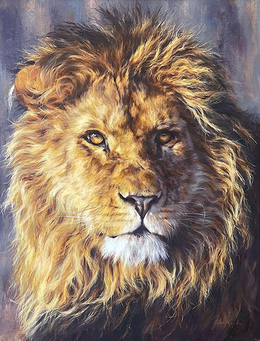 Oil painting of a lion in incredible detail with beautiful light shining on his mane.