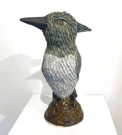 Quirky green and white bird similar to a kingfisher; fun and loveable art by Bill Hayes.