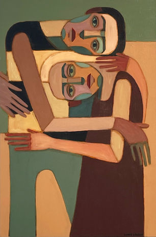 Original NZ art painting of a couple embracing; cubist or abstract expressionist style; artwork about love.