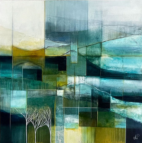 New in store August 2025; original mixed media abstract landscape painting in teals, blues and golds with winter trees in the foreground by Julie Whyman artist; link takes you to the product page for this artwork.